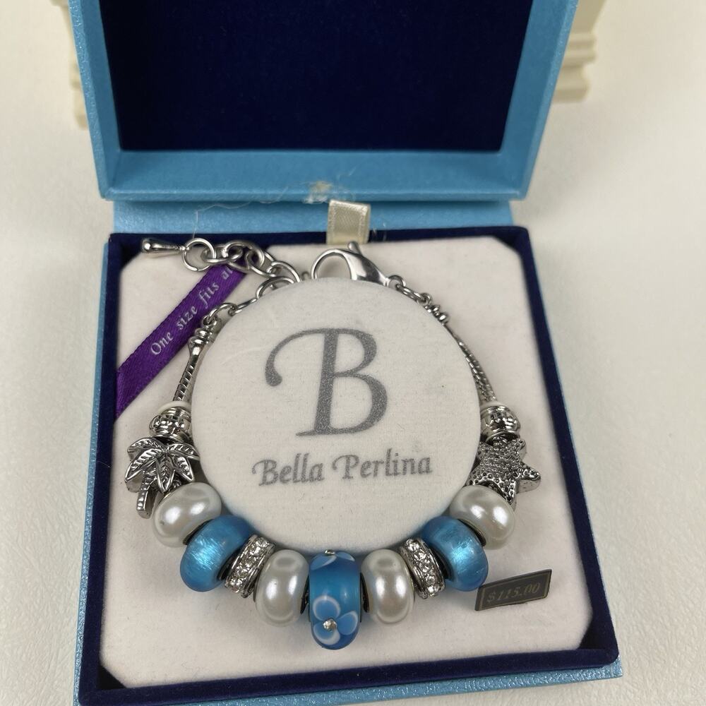 Bella Perlina Beach Charm Bracelet BP16008 Blue White Glass Silver Tone NWT